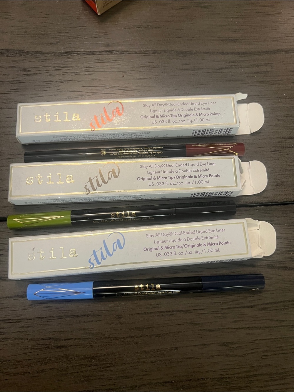 Stila Dual-Ended Liquid Eyeliner Set in Blue, Green, Red, Black set of 3 BNIB